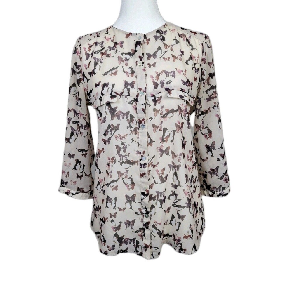 MNG Collection Sheer Butterfly Blouse Size 2 Button Up 3/4 Sleeve Whimsical Cute
